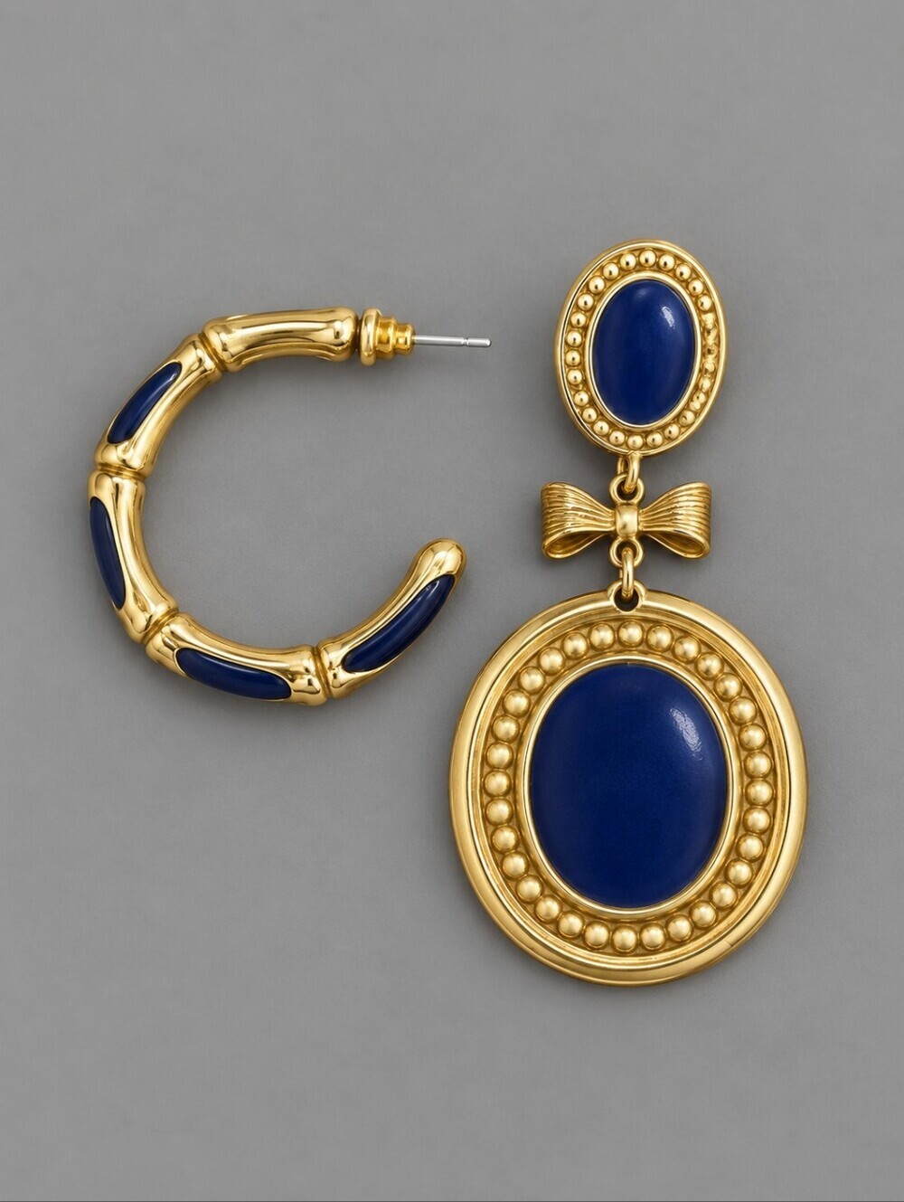 VTG Mismatched Navy Blue Bamboo Hoop Geometric Dangle Earrings
